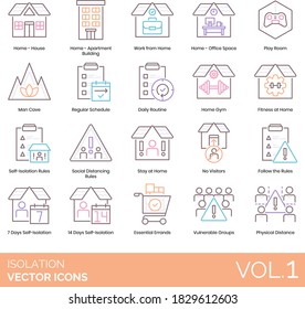 Isolation icons including house, apartment building, work from home, office space, playroom, social distancing, stay, no visitor, follow the rules, self-isolation, essential errands, vulnerable group.