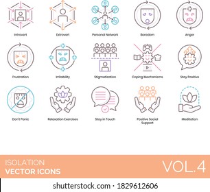 Isolation icons including introvert, extrovert, personal network, boredom, frustration, irritability, stigmatization, coping mechanism, relaxation, stay in touch, positive social support, meditation.