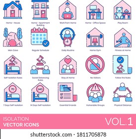 Isolation Icons Including Work From Home, Office Space, Playroom, Man Cave, Regular Schedule, Daily Routine, Gym, Fitness, Social Distancing, No Visitor, Self-isolation, Essential Errands, Physical.