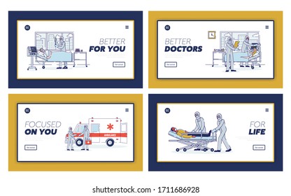 Isolation Of Infected Patients Concept. Website Landing Page. Doctors Put Into Quarantine And Treat Sick Infected Patients In Hospital. Web Page Cartoon Linear Outline Flat Vector Illustrations Set