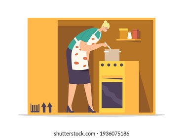 Isolation Or Introversion Concept. Female Character Cooking Meal Inside Of Cramped Room. Woman On Tiny Kitchen, Housewife Introvert, Covid Lockdown Or Loneliness. Cartoon People Vector Illustration