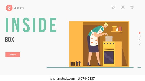 Isolation Or Introversion Landing Page Template. Female Character Cooking Inside Of Box Or Cramped Room. Woman On Tiny Kitchen, Housewife Lockdown Or Loneliness. Cartoon People Vector Illustration