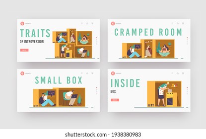 Isolation or Introversion Landing Page Template Set. Introvert Characters in Tiny Cramped Room. People in Small Box Businessman, Housewife, Student or Freelancer. Cartoon People Vector Illustration