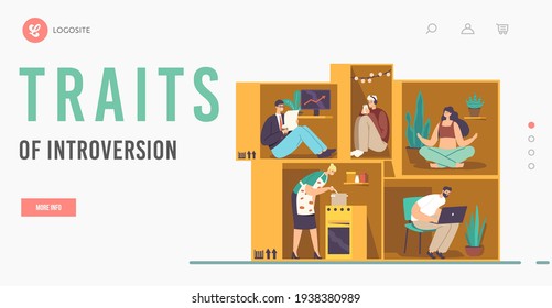 Isolation or Introversion Landing Page Template. Introvert Characters inside of Tiny Cramped Room. People in Small Box Businessman, Housewife, Student or Freelancer. Cartoon People Vector Illustration