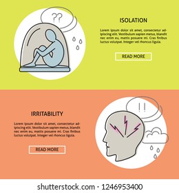 Isolation and irritability concept illustrations in line style with text