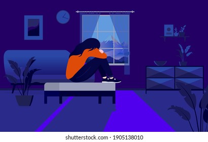 Isolation loneliness - Sad woman alone in dark living room isolated and depressed. Mental health concept. Vector illustration.