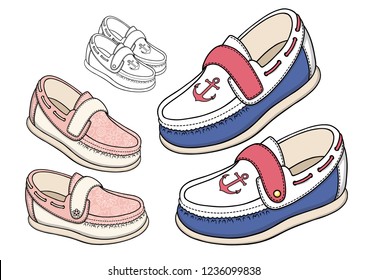 Isolation objects on white background, collection of baby boy sea boots with anchor and baby girl boots with cute pattern and contour shoes. Vector background.