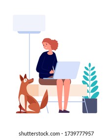 Isolation period. Woman sitting home, working with laptop. Flat style pet owner with dog character. Freelancer or online chatting and surfing internet vector illustration