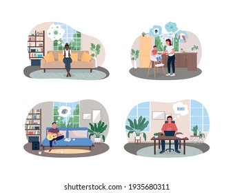 Isolation stress and anxiety 2D vector web banner, poster set. Worried mother. Distressed men and women flat characters on cartoon background. Burnout printable patch, colorful web element pack