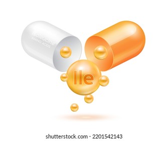 Isoleucine amino acid float out of the capsule. Vitamins complex and minerals orange isolated on white background. For food supplement ad package design. Science medic concept. 3D Vector EPS10.