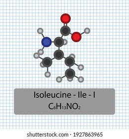 Isoleucine - Ile - I - Amino Acid molecular formula and chemical structure . 2D Ball and stick model on school paper sheet background. EPS10
