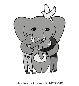 IsolIsolated vector illustration black and white design of a cute elephant with children. The design is perfect for cards, coloring, textiles, illustrations, badges, stickers