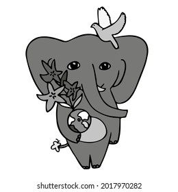 IsolIsolated vector illustration black and white design of a cute elephant with pigeon holding a globe. The design is perfect for cards, coloring, textiles, illustrations, badges, stickers