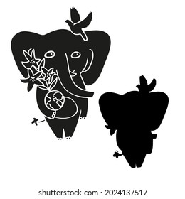 IsolIsolated vector illustration black and white design of a cute elephant with pigeon holding a globe. The design is perfect for cards, coloring, textiles, illustrations, badges, stickers
