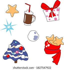 isolited winter elemens: star, Christmas tree, cocoa, red scarf, gift box and snowball