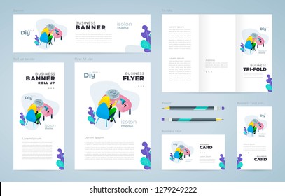 Isolon work flower. Set flyer cover, tri-fold, banner, roll up banner, business card