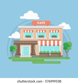 Isolted cafe building outdoors with trees, sky and clouds. Beautiful illustartion of restaurant or bistro.