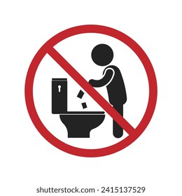 Isolierte Verbotsschilder Piktogramm halten Toilette sauber mit Abbildung von Mann werfen Müll in WC, für Badezimmer-Toilettenschild