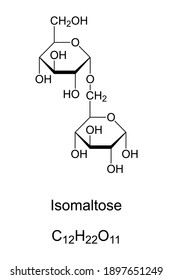Isomaltose, chemical structure. Disaccharide, similar to maltose, a pyranose and reducing sugar. Product of caramelization of glucose. Skeletal and structural formula. Illustration over white. Vector. svg