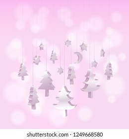 Isomatic 3D greeting invitation card of Happy New Year and Christmas tree ornaments hanging rope in purple pink with bokeh blurry background with copy space, Vector illustration EPS10