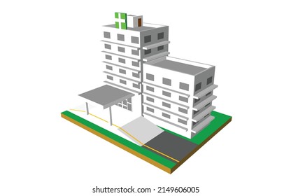 Isomatic of Hospital white color with hospital symbol . Color scheme around the hospital is light white and gray color. With grass for the ground. On isolated white backgroun