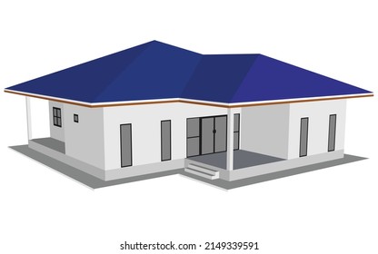 Isomatic of house ues metal sheet for roof. Color scheme around the house is light gray. Windows and doors are made of steel and glass frames. On isolated white background.