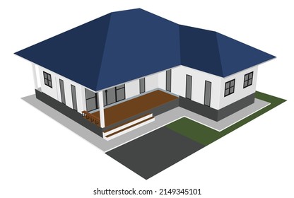 Isomatic of house use metal sheet for roof. Color scheme around the house is light gray. Windows and doors are made of steel and glass frames. On isolated white background.