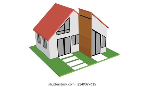 Isomatic of Nordic House use metal sheet for roof. Color scheme around the house is light gray. Windows and doors are made of steel and glass frames. with green grass. On isolated white background.