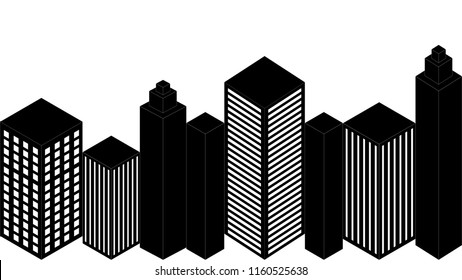 Isomatic style vector of black building metropolis urban city object model on isolated white background. Exterior modern real estate office area panorama Cityscape with skyline graphic design concept