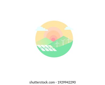 Isomatic vector illustration of solar farm and wind farm for renewable energy prevention climate change and global warming .