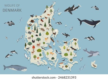 Isomatric 3d design of Denmark wildlife. Animals, birds and plants constructor elements isolated on white set. Build your own geography infographics collection. Vector illustration