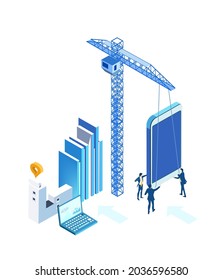 Isomentric infographic, business people and crane. 