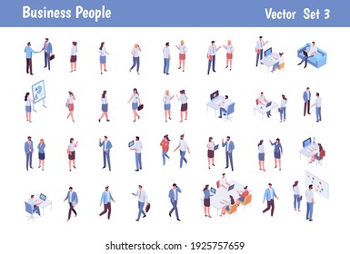 Isomeric business people big vector set. Business men and women. Teamwork, cooperation, coworking. Workspace. Vector characters isolated on white background.	