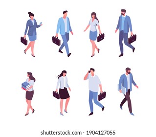 Isomeric Business People Vector Set. Walking People. Flat Vector Characters Isolated On White Background.	
