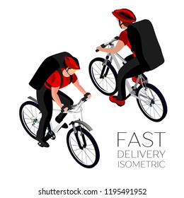 Isomeric Fast Delivery Concept. Delivery  Cyclist In Red Uniform  Speeding On A Bike Through City Streets With A Hot Food. Isometric 3d Illustration