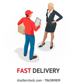 Isomeric fast delivery concept. Delivery man in red uniform holding boxes and documents. Courier order, worldwide shipping. Fast and Free Transport