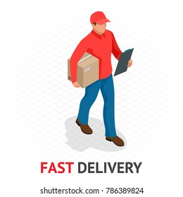 Isomeric fast delivery concept. Delivery man in red uniform holding boxes and documents. Courier order, worldwide shipping. Fast and Free Transport