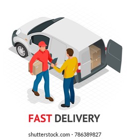 Isomeric fast delivery concept. Delivery man in red uniform holding boxes and documents. Courier order, worldwide shipping. Fast and Free Transport