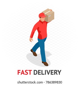 Isomeric fast delivery concept. Delivery man in red uniform holding boxes and documents. Courier order, worldwide shipping. Fast and Free Transport