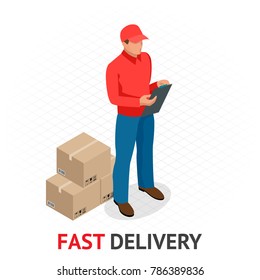 Isomeric fast delivery concept. Delivery man in red uniform holding boxes and documents. Courier order, worldwide shipping. Fast and Free Transport