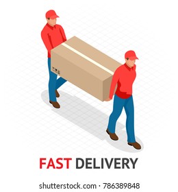 Isomeric fast delivery concept. Delivery man in red uniform holding boxes and documents. Courier order, worldwide shipping. Fast and Free Transport