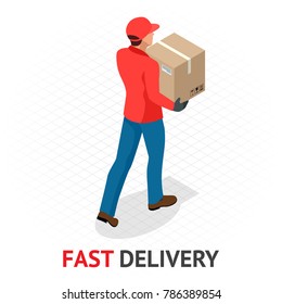 Isomeric fast delivery concept. Delivery man in red uniform holding boxes and documents. Courier order, worldwide shipping. Fast and Free Transport