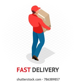 Isomeric fast delivery concept. Delivery man in red uniform holding boxes and documents. Courier order, worldwide shipping. Fast and Free Transport