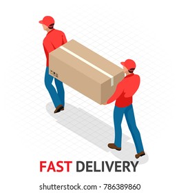 Isomeric fast delivery concept. Delivery man in red uniform holding boxes and documents. Courier order, worldwide shipping. Fast and Free Transport
