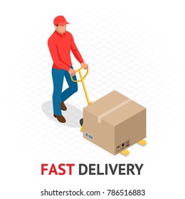 Isomeric fast delivery concept. Delivery man in red uniform holding boxes and documents. Courier order, worldwide shipping. Fast and Free Transport