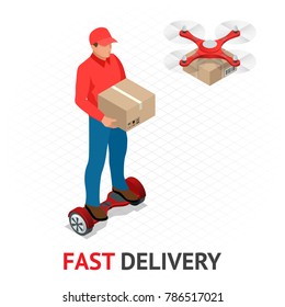 Isomeric fast delivery concept. Delivery man in red uniform holding boxes and documents on hoverboard and drone. Courier order, worldwide shipping. Fast and Free Transport