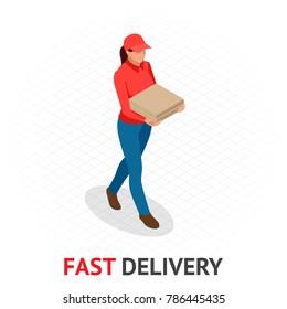 Isomeric Fast and Free Delivery concept. Delivery woman in red uniform holding boxes and documents. Girl from courier order, city shipping.