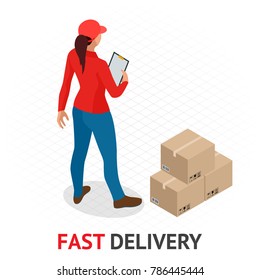 Isomeric Fast and Free Delivery concept. Delivery woman in red uniform holding boxes and documents. Girl from courier order, city shipping.