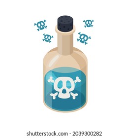 Isomeric icon with glass bottle of blue color poisonous potion 3d vector illustration