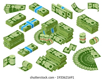 Isomeric money. Dollar banknotes piles, green dollar bills stack, earnings money treasure. Money cash capital vector illustration set. Business investment, rolls and bundles of money